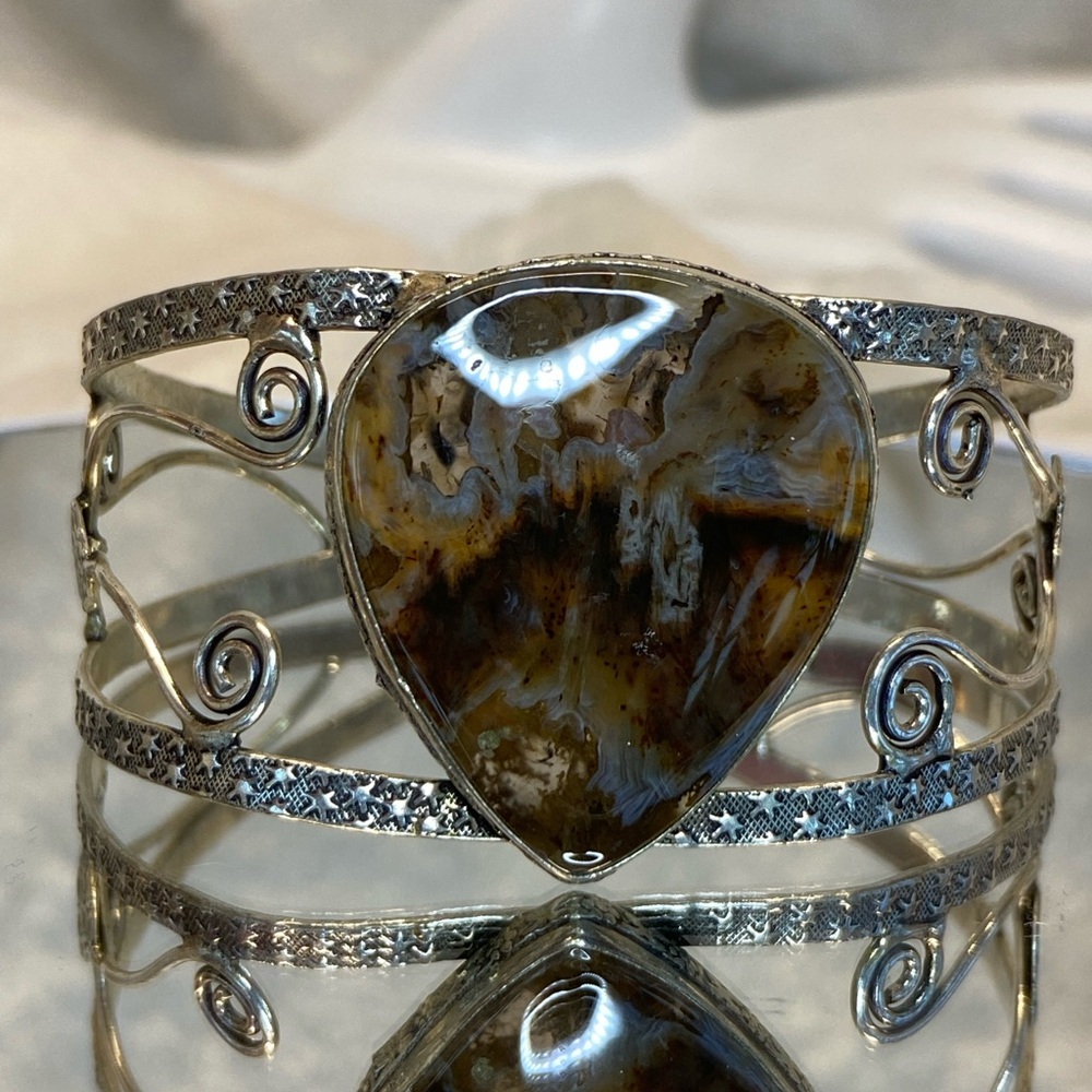 Handmade Artisan Pietersite Gemstone Sterling Silver Cuff Bracelet Adjustable
